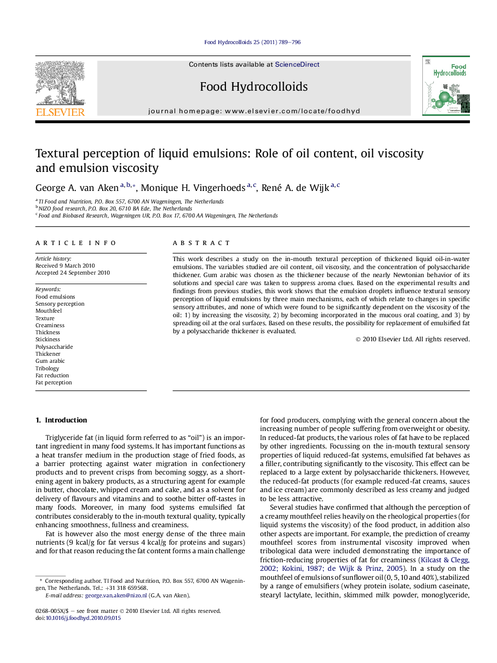 Textural perception of liquid emulsions: Role of oil content, oil viscosity and emulsion viscosity