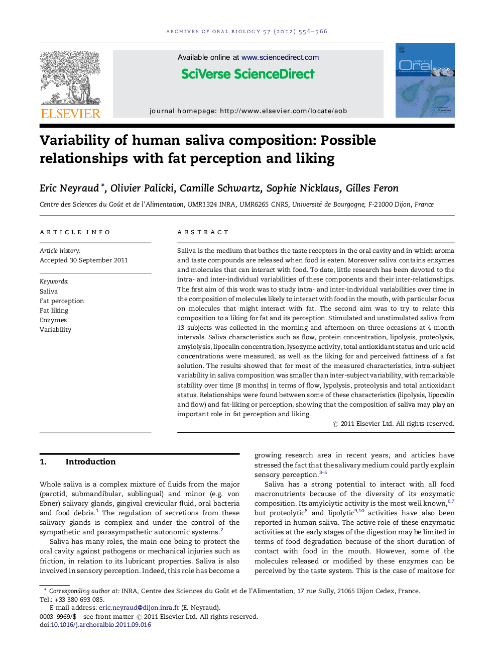 Variability of human saliva composition: Possible relationships with fat perception and liking