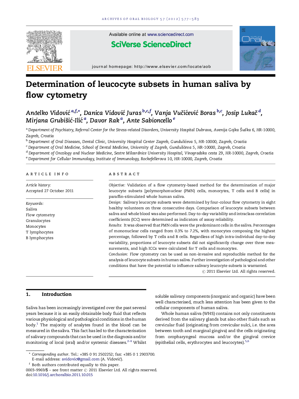 Determination of leucocyte subsets in human saliva by flow cytometry