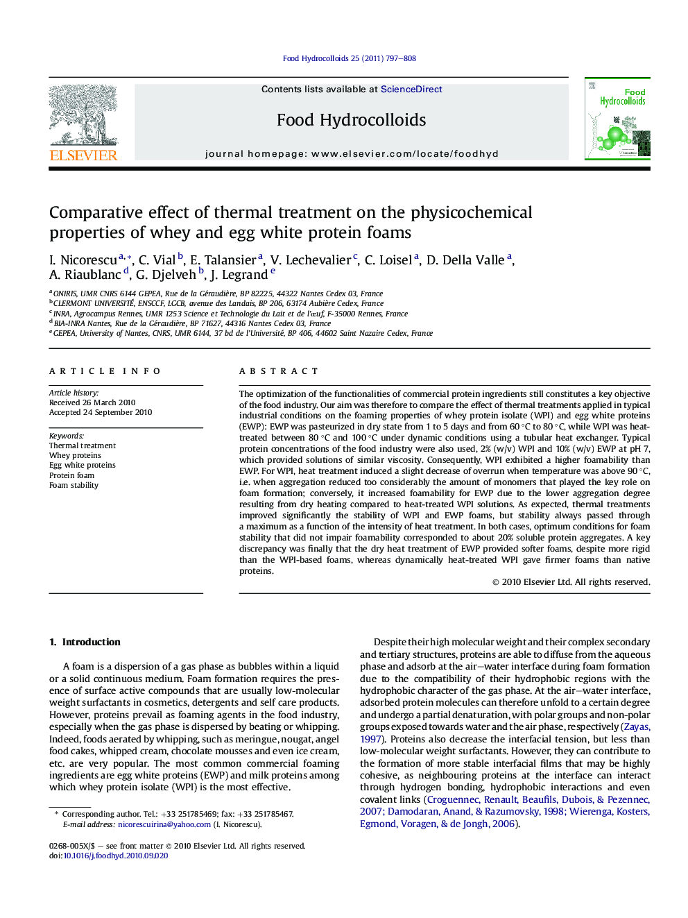 عکس صفحه اول مقاله: Comparative effect of thermal treatment on the physicochemical properties of whey and egg white protein foams Comparative effect of thermal treatment on the physicochemical properties of whey and egg white protein foams
