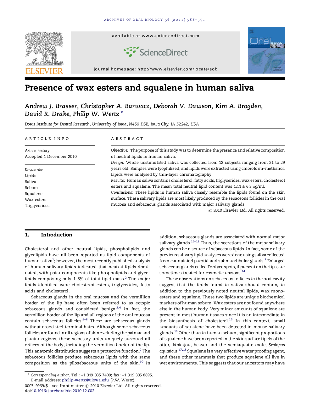 Presence of wax esters and squalene in human saliva