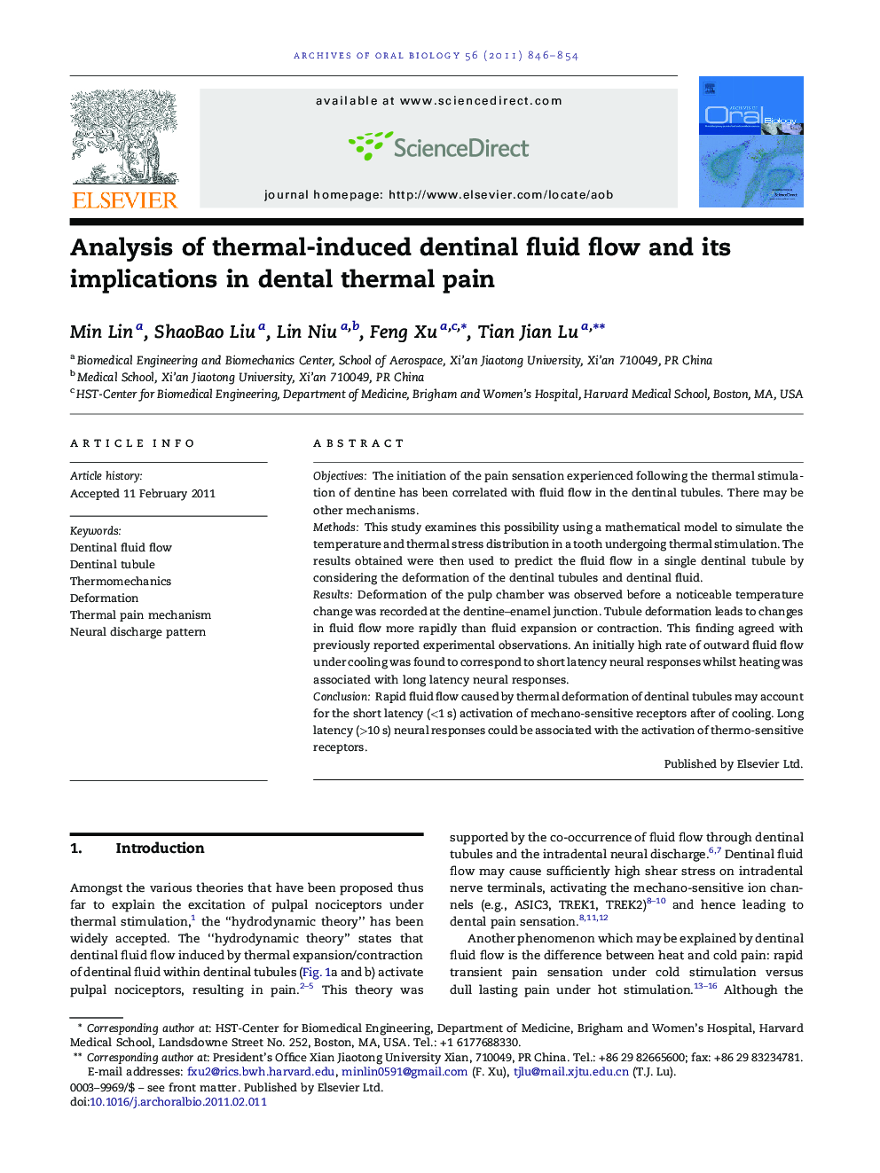 Analysis of thermal-induced dentinal fluid flow and its implications in dental thermal pain