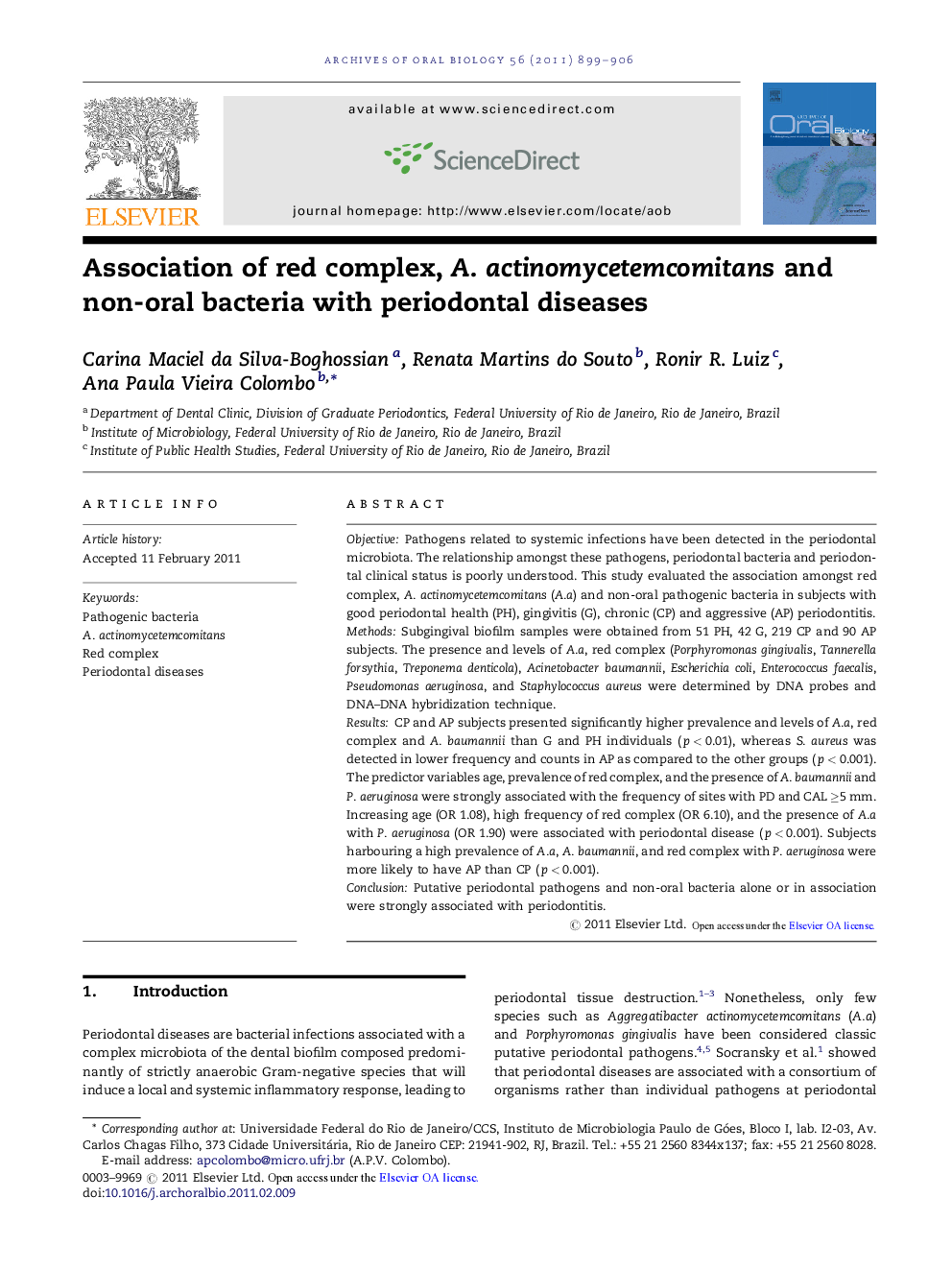 Association of red complex, A. actinomycetemcomitans and non-oral bacteria with periodontal diseases