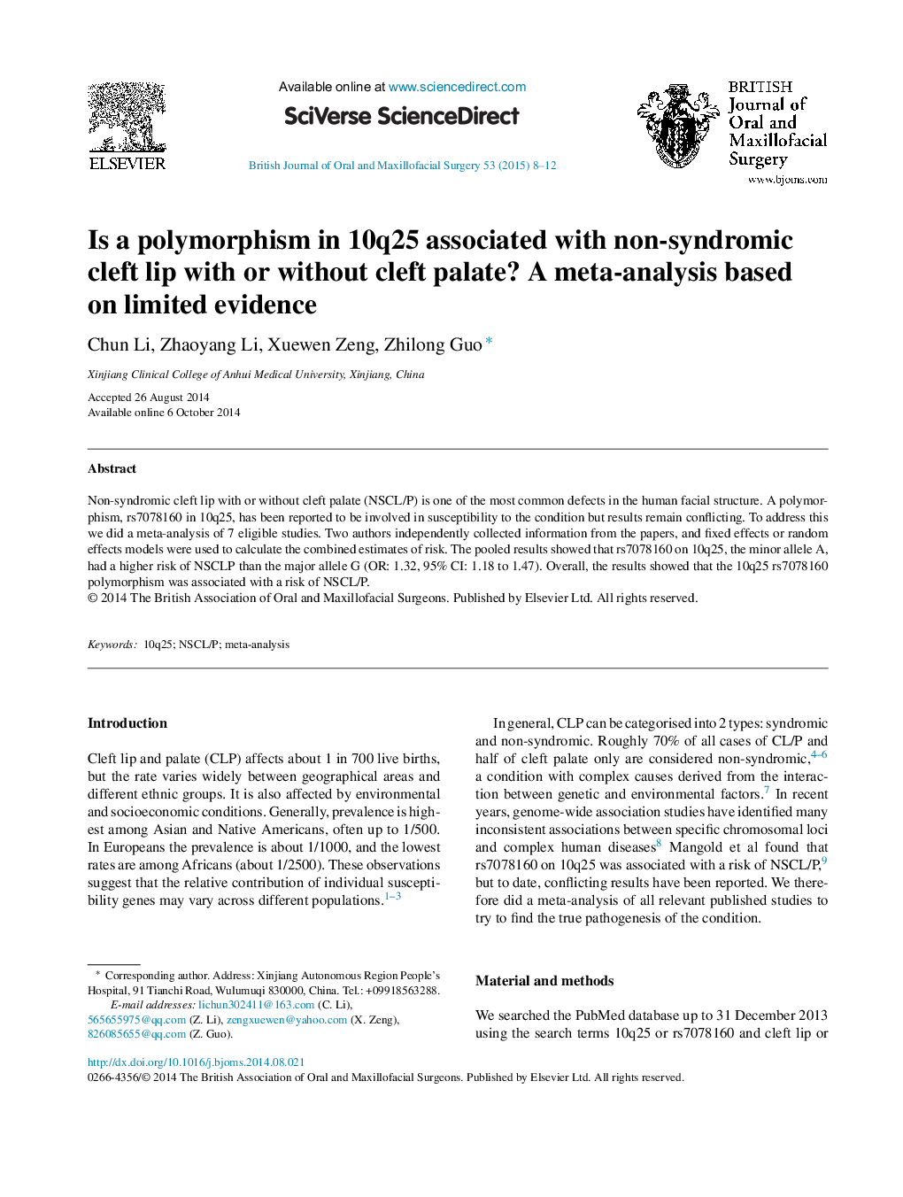 Is a polymorphism in 10q25 associated with non-syndromic cleft lip with or without cleft palate? A meta-analysis based on limited evidence