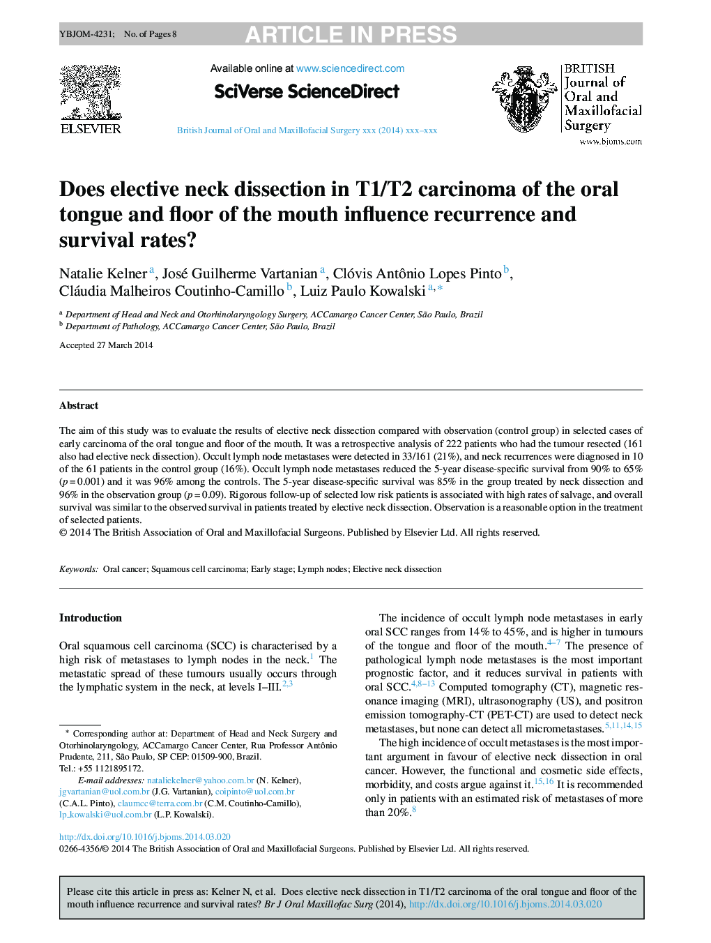 Does elective neck dissection in T1/T2 carcinoma of the oral tongue and floor of the mouth influence recurrence and survival rates?