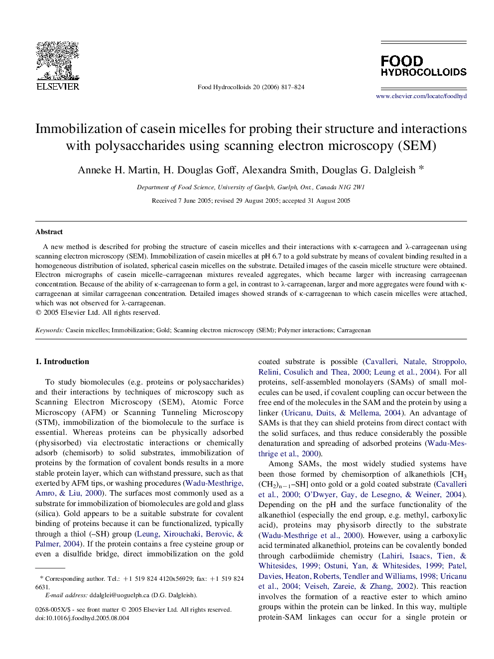 Immobilization of casein micelles for probing their structure and interactions with polysaccharides using scanning electron microscopy (SEM)