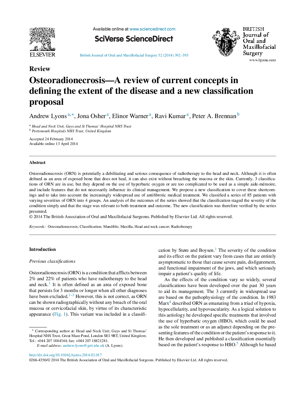 Osteoradionecrosis-A review of current concepts in defining the extent of the disease and a new classification proposal