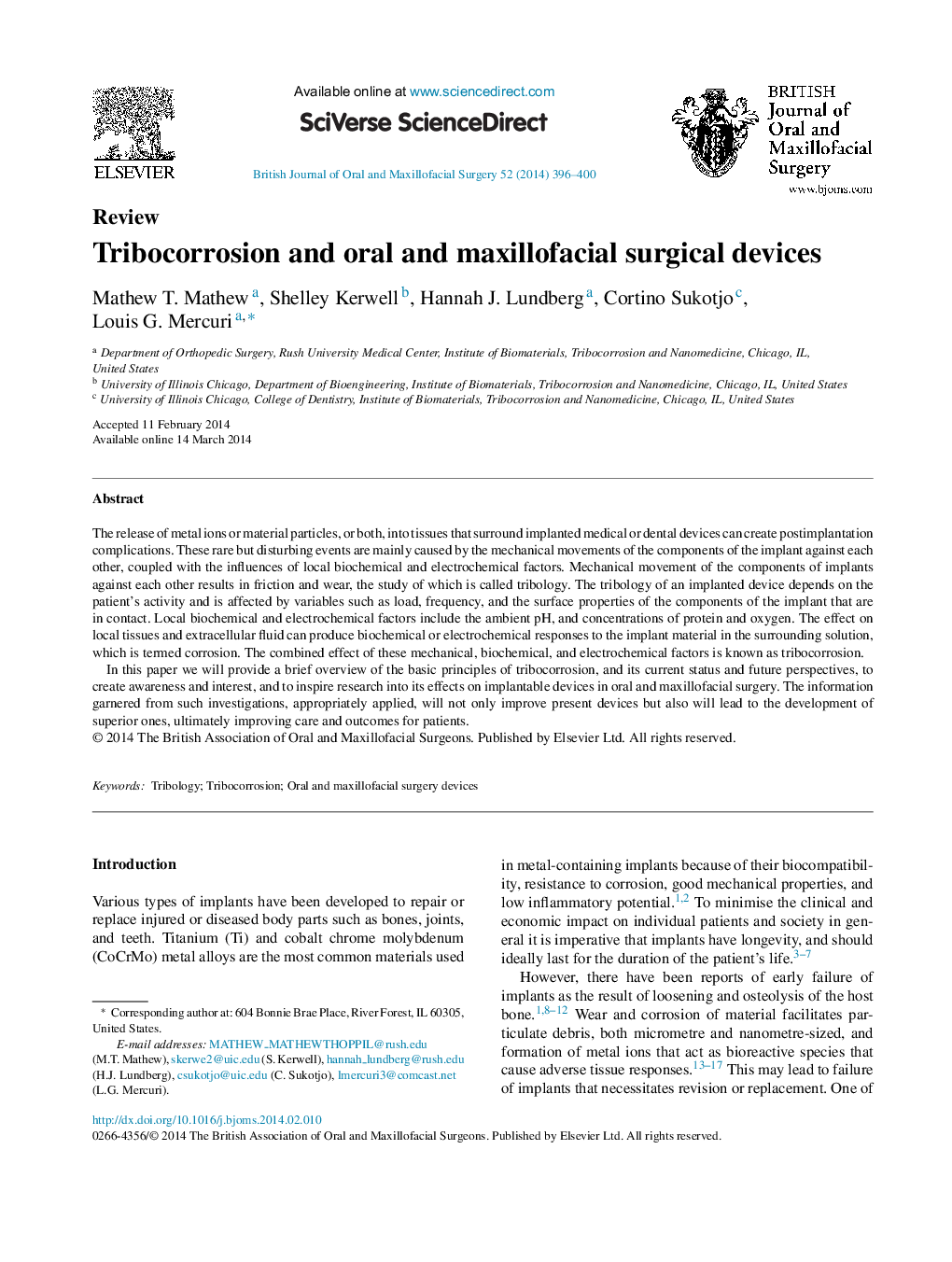 ReviewTribocorrosion and oral and maxillofacial surgical devices