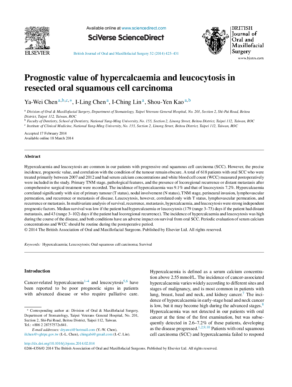 ارزش پیش آگهی هیپرکلسمی و لوکوسیتوز در کارسینوم سلول سنگفرشی خورده شده 