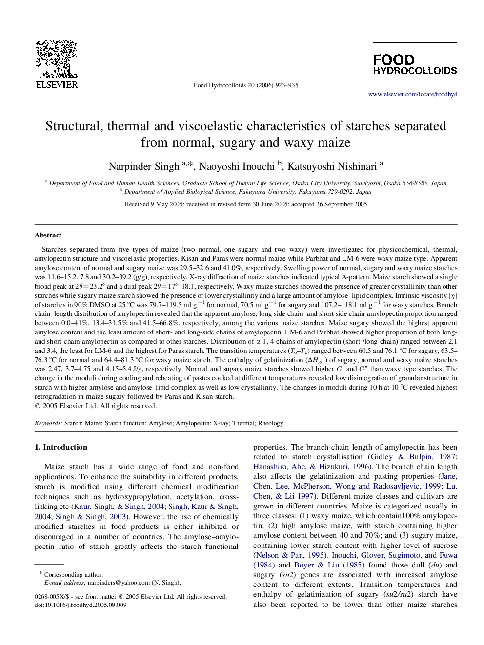عکس صفحه اول مقاله: Structural, thermal and viscoelastic characteristics of starches separated from normal, sugary and waxy maize Structural, thermal and viscoelastic characteristics of starches separated from normal, sugary and waxy maize