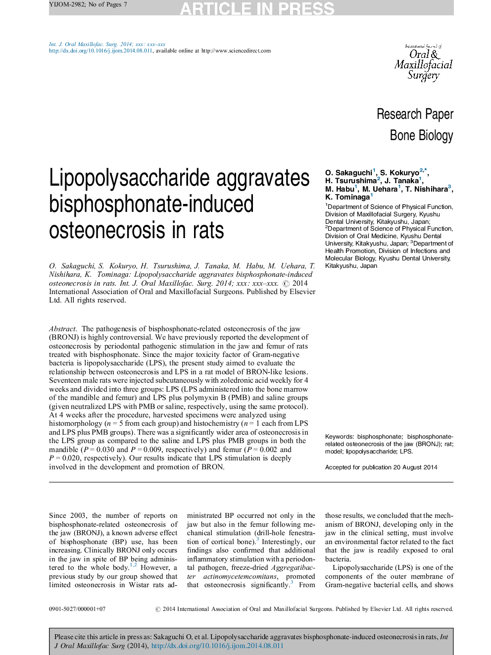 Lipopolysaccharide aggravates bisphosphonate-induced osteonecrosis in rats