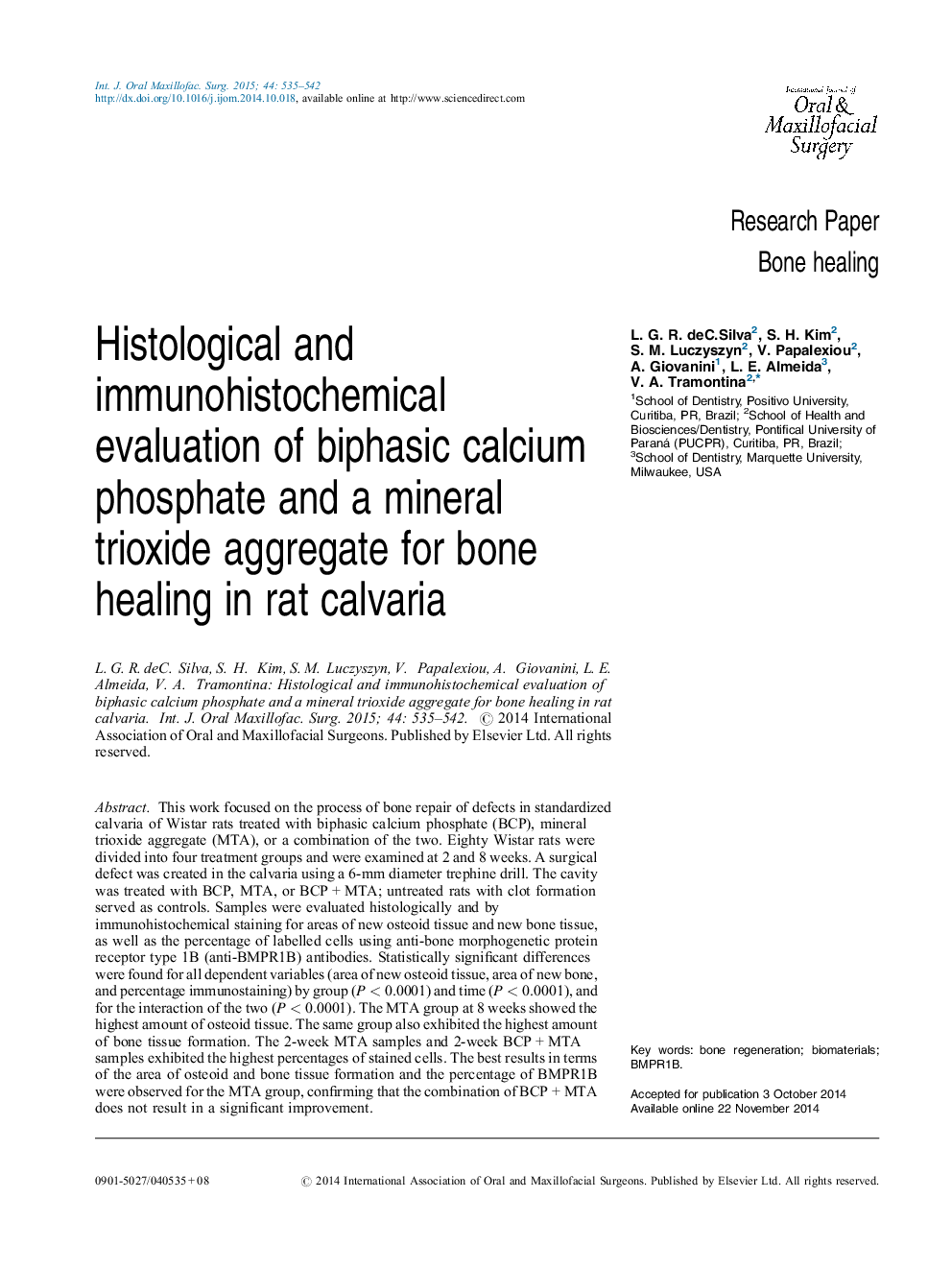 Histological and immunohistochemical evaluation of biphasic calcium phosphate and a mineral trioxide aggregate for bone healing in rat calvaria