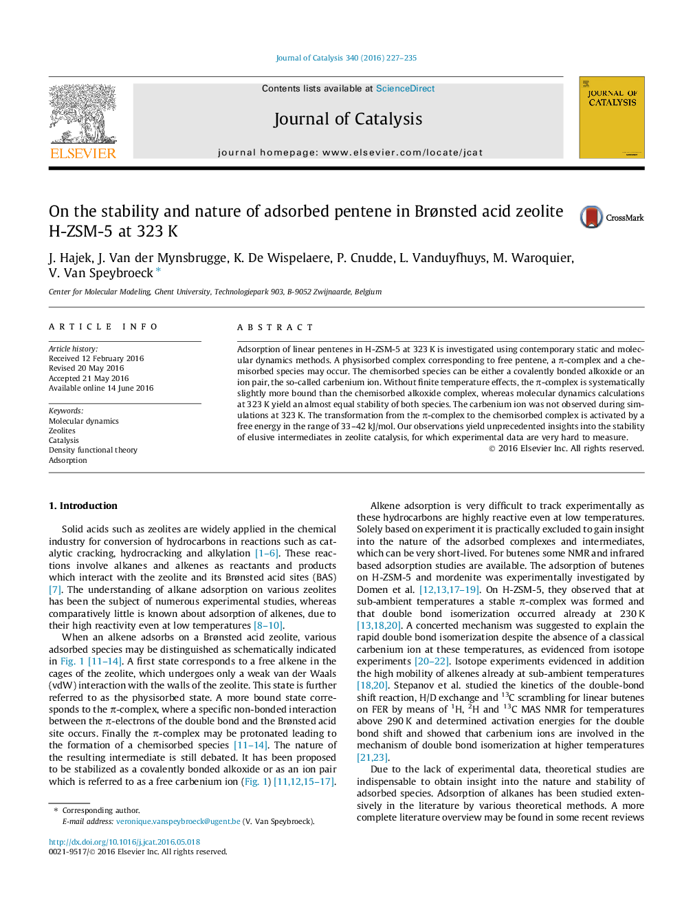 On the stability and nature of adsorbed pentene in Brønsted acid zeolite H-ZSM-5 at 323 K