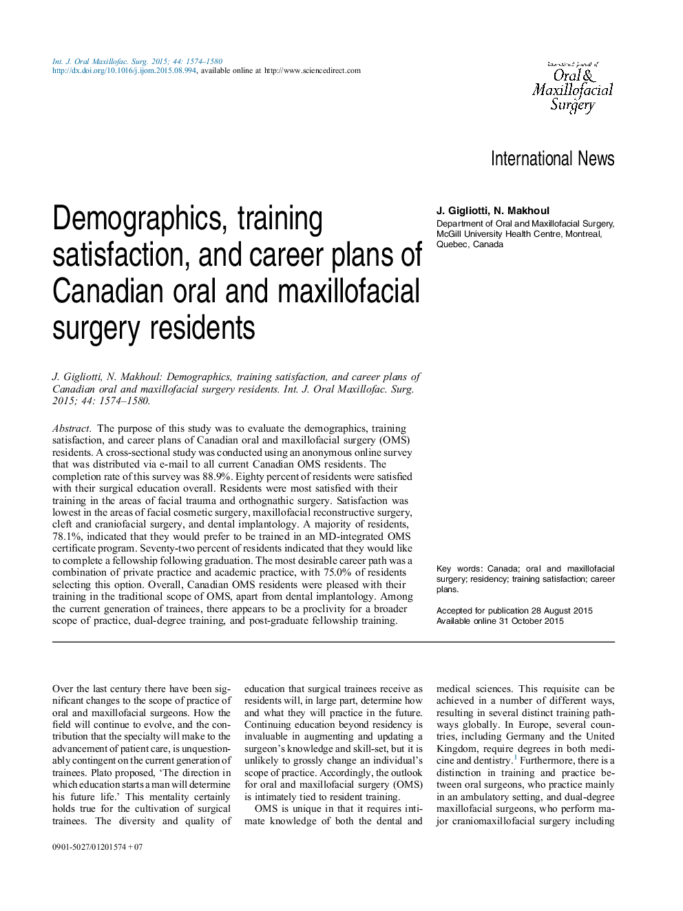 Demographics, training satisfaction, and career plans of Canadian oral and maxillofacial surgery residents