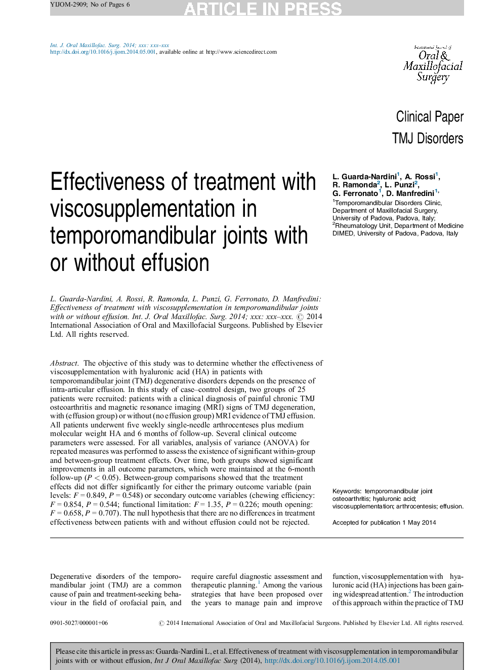 Effectiveness of treatment with viscosupplementation in temporomandibular joints with or without effusion