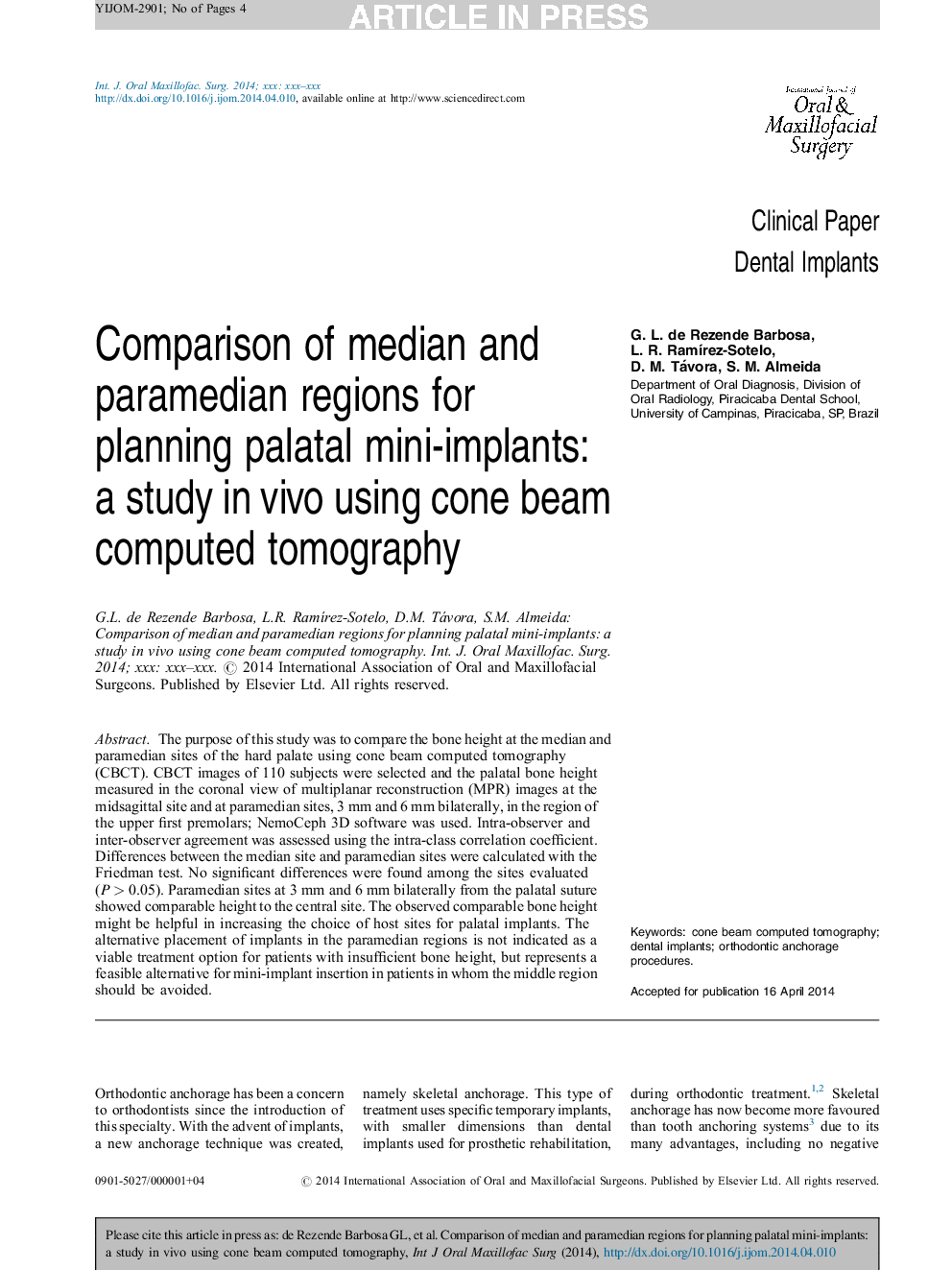 Comparison of median and paramedian regions for planning palatal mini-implants: a study in vivo using cone beam computed tomography