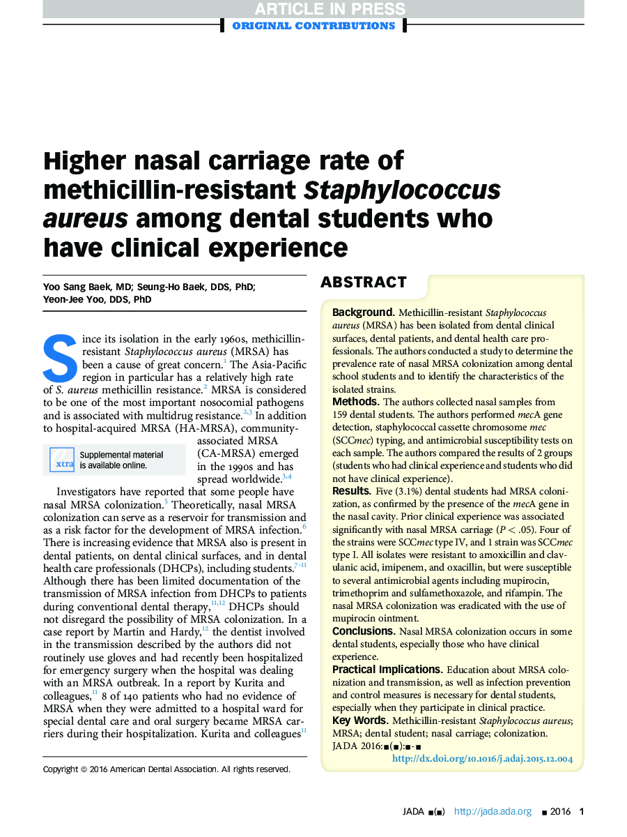 Higher nasal carriage rate of methicillin-resistant Staphylococcus aureus among dental students who have clinical experience