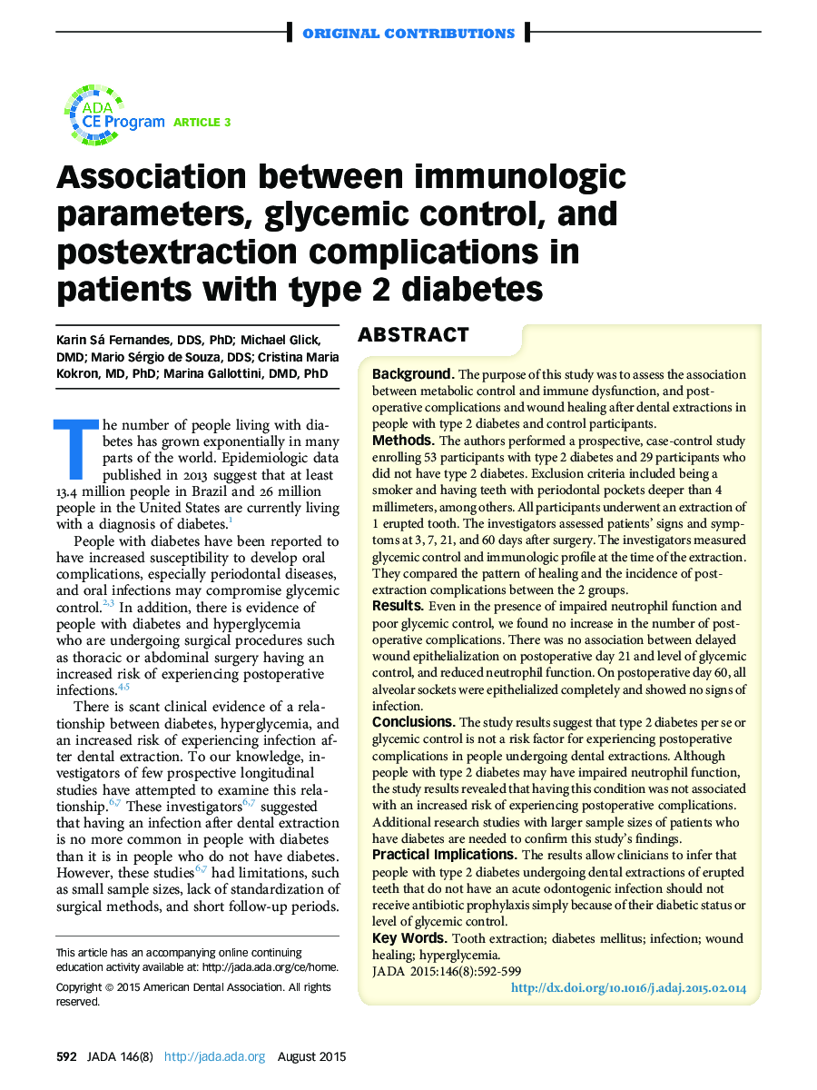 Association between immunologic parameters, glycemic control, and postextraction complications in patients with type 2 diabetes