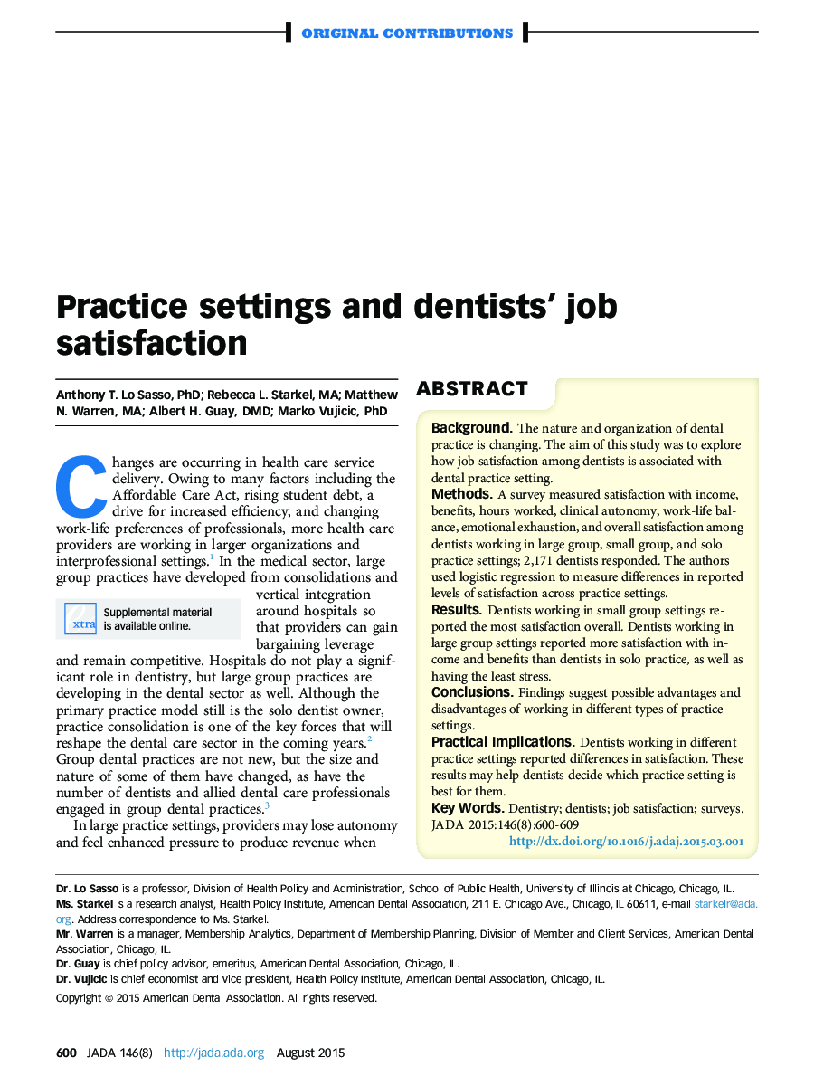 Practice settings and dentists' job satisfaction
