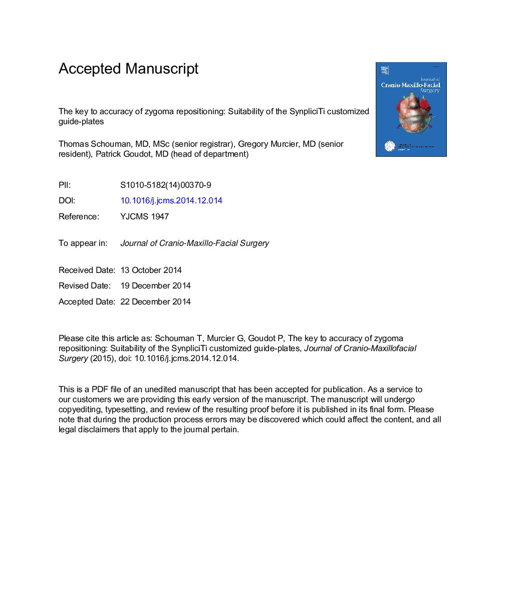 The key to accuracy of zygoma repositioning: Suitability of the SynpliciTi customized guide-plates