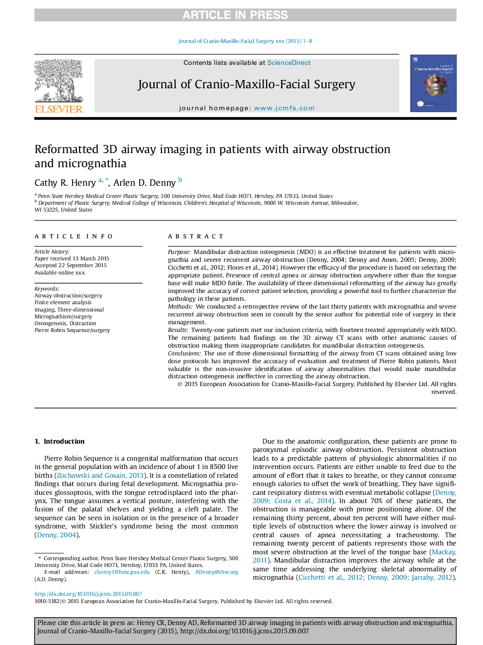 Reformatted 3D airway imaging in patients with airway obstruction and micrognathia