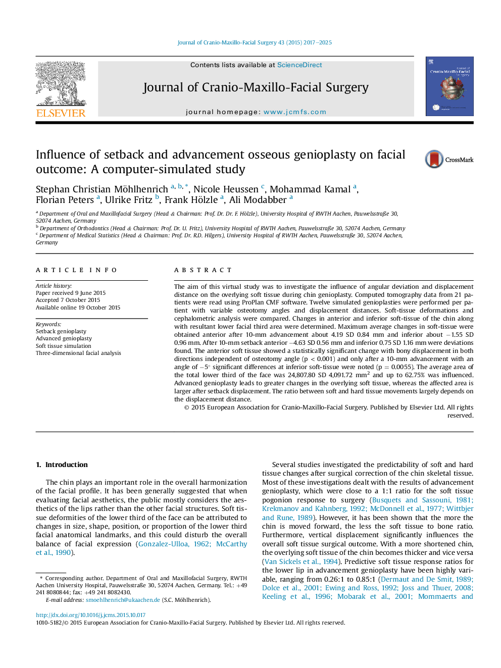 Influence of setback and advancement osseous genioplasty on facial outcome: A computer-simulated study