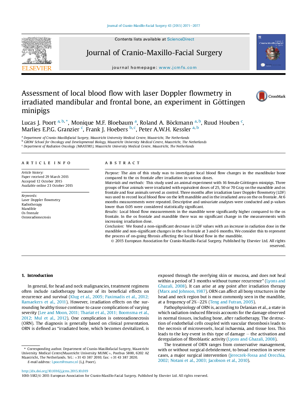 Assessment of local blood flow with laser Doppler flowmetry in irradiated mandibular and frontal bone, an experiment in Göttingen minipigs