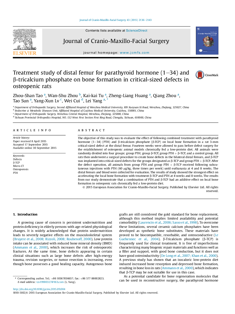 Treatment study of distal femur for parathyroid hormone (1-34) and Î²-tricalcium phosphate on bone formation in critical-sized defects in osteopenic rats