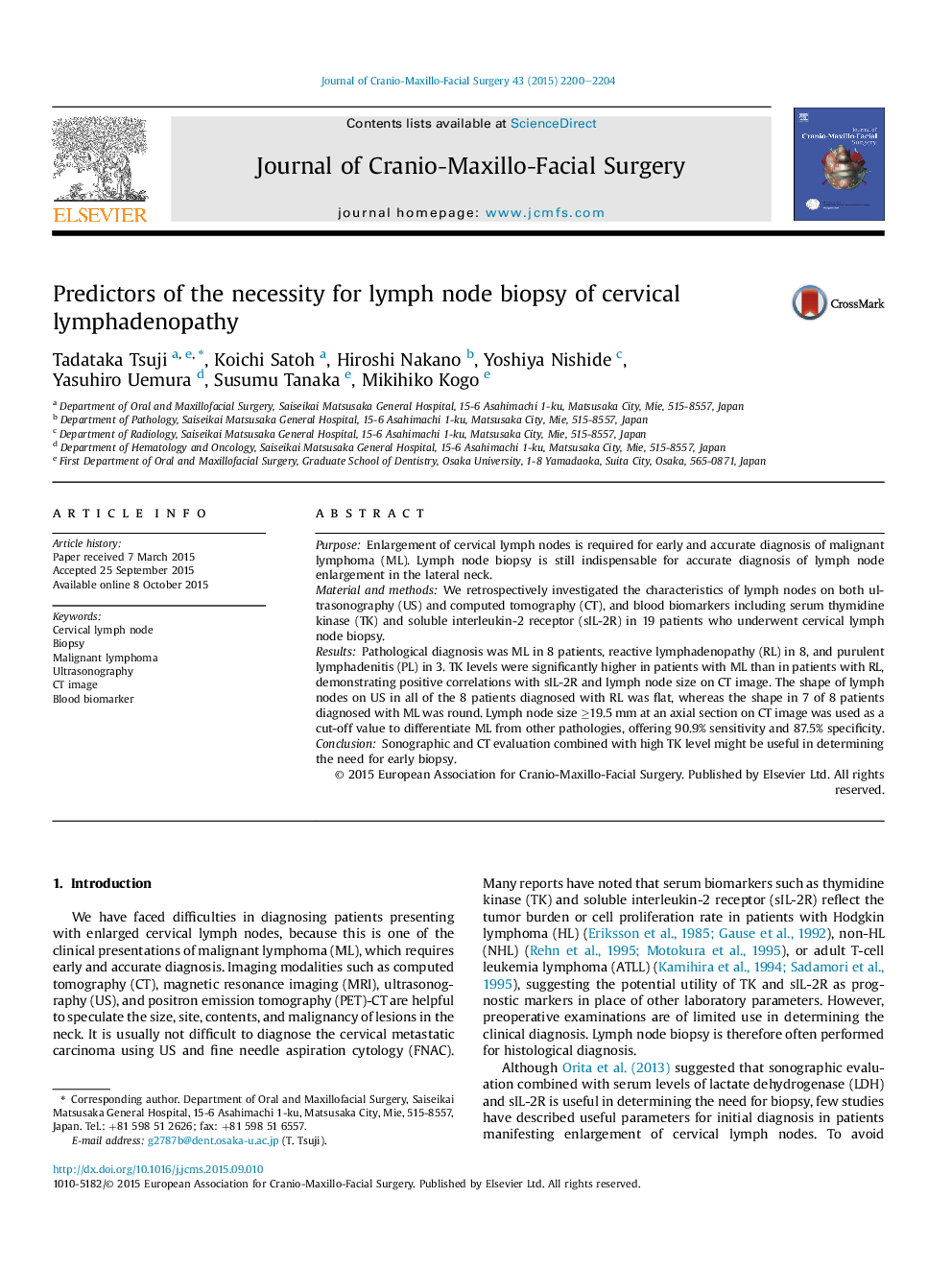 Predictors of the necessity for lymph node biopsy of cervical lymphadenopathy