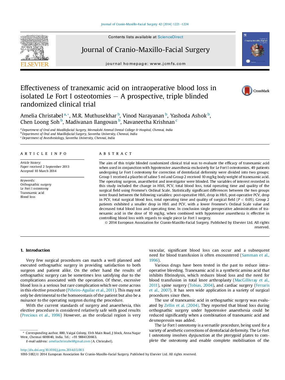 Effectiveness of tranexamic acid on intraoperative blood loss in isolated Le Fort I osteotomies - A prospective, triple blinded randomized clinical trial