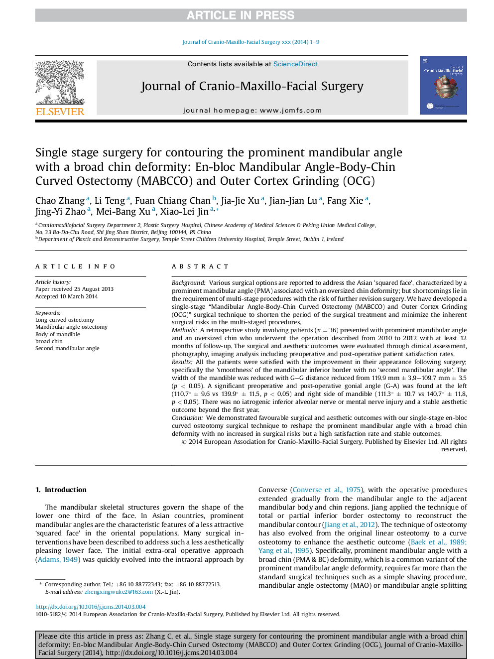 Single stage surgery for contouring the prominent mandibular angle with a broad chin deformity: En-bloc Mandibular Angle-Body-Chin Curved Ostectomy (MABCCO) and Outer Cortex Grinding (OCG)