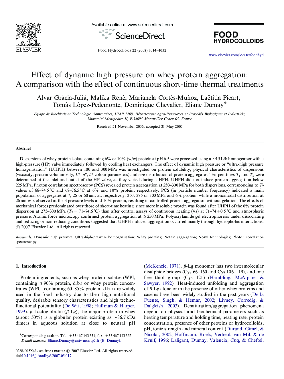 Effect of dynamic high pressure on whey protein aggregation: A comparison with the effect of continuous short-time thermal treatments