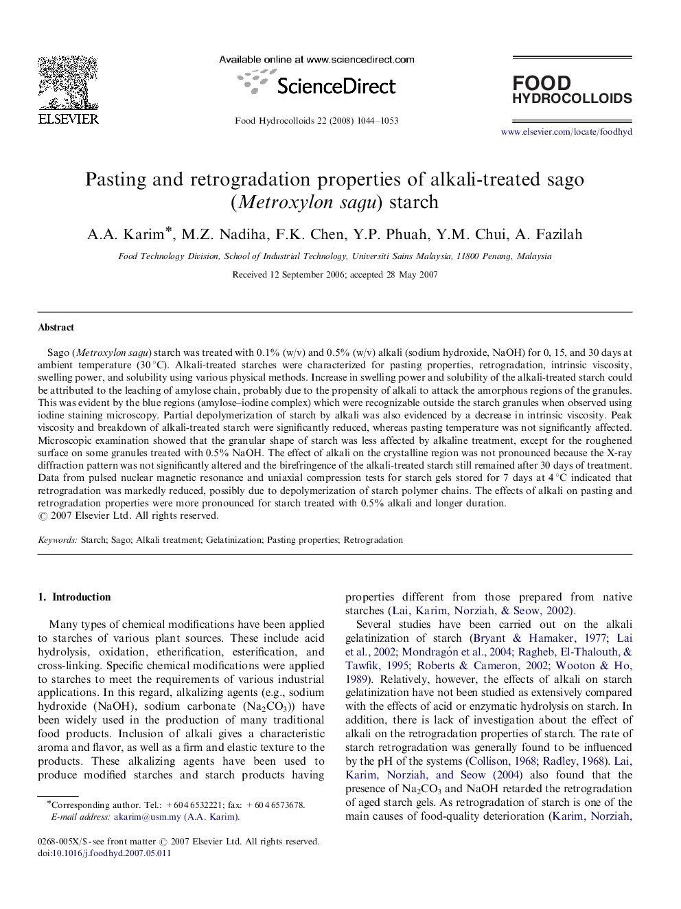 Pasting and retrogradation properties of alkali-treated sago (Metroxylon sagu) starch