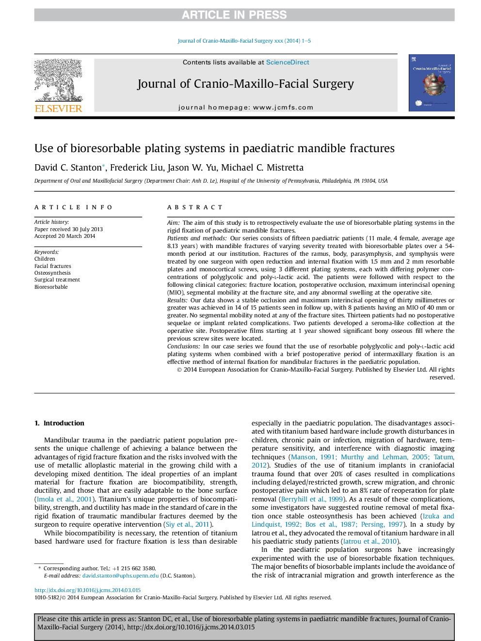 Use of bioresorbable plating systems in paediatric mandible fractures