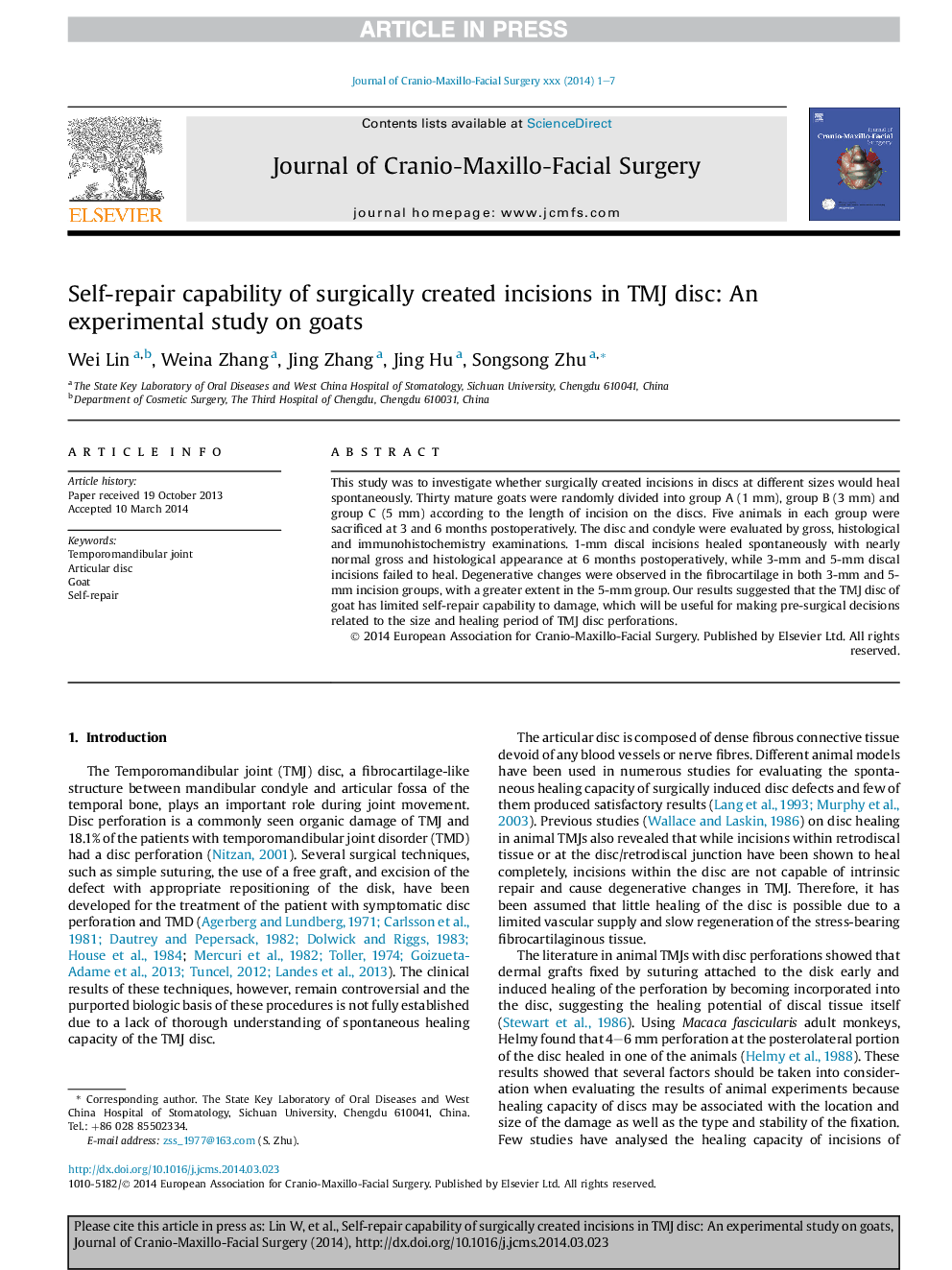 Self-repair capability of surgically created incisions in TMJ disc: An experimental study on goats