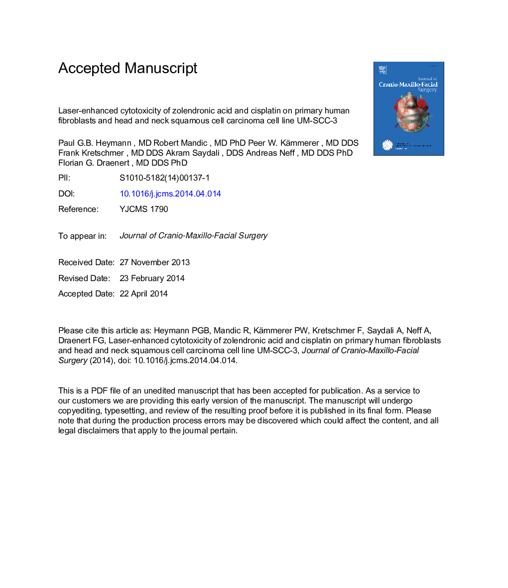 Laser-enhanced cytotoxicity of zoledronic acid and cisplatin on primary human fibroblasts and head and neck squamous cell carcinoma cell line UM-SCC-3