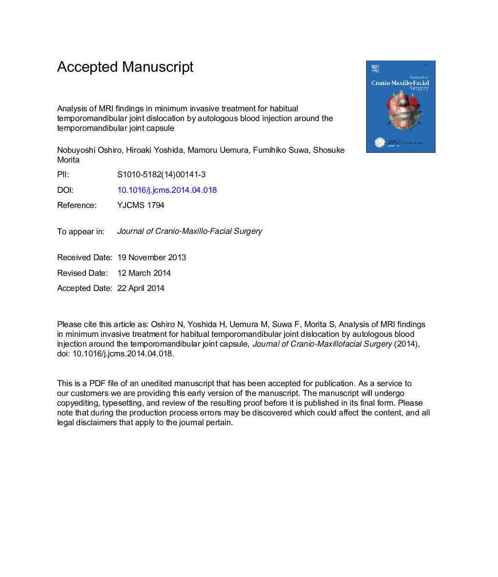 Analysis of MRI findings in minimum invasive treatment for habitual temporomandibular joint dislocation by autologous blood injection around the temporomandibular joint capsule