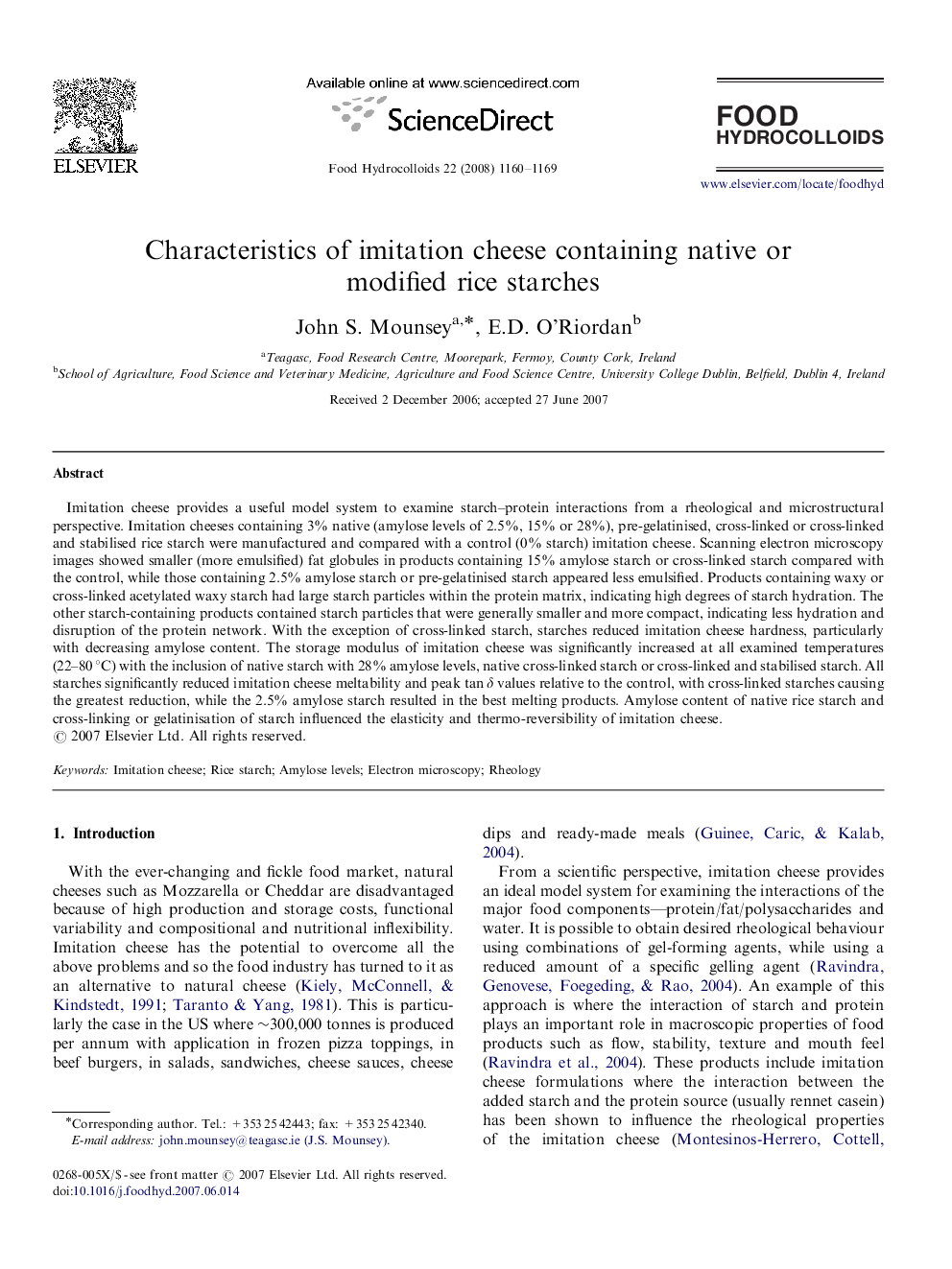 Characteristics of imitation cheese containing native or modified rice starches