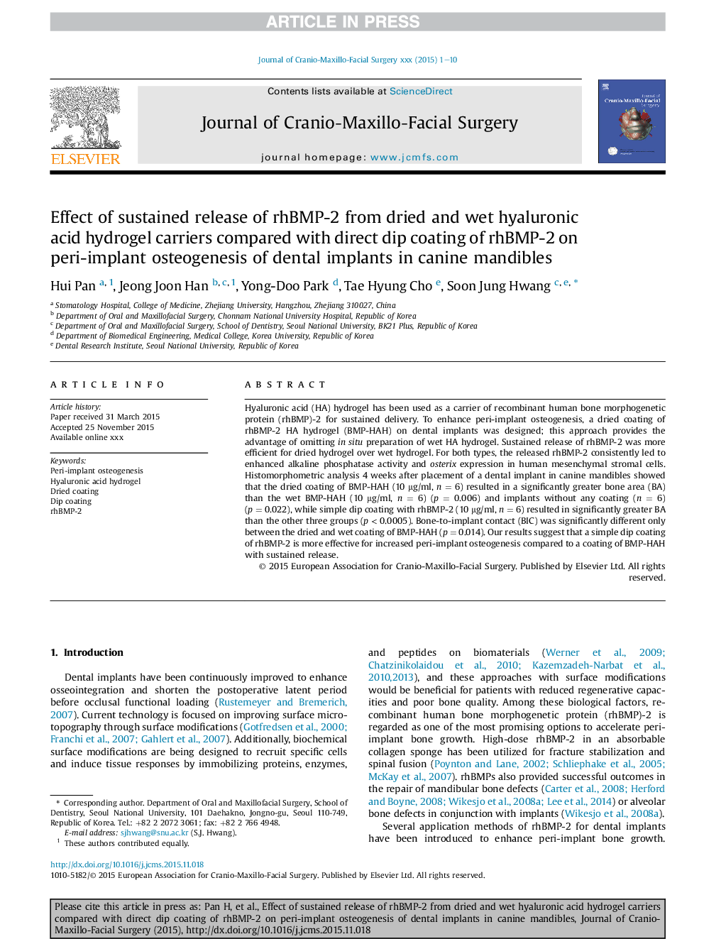 Effect of sustained release of rhBMP-2 from dried and wet hyaluronic acid hydrogel carriers compared with direct dip coating of rhBMP-2 on peri-implant osteogenesis of dental implants in canine mandibles