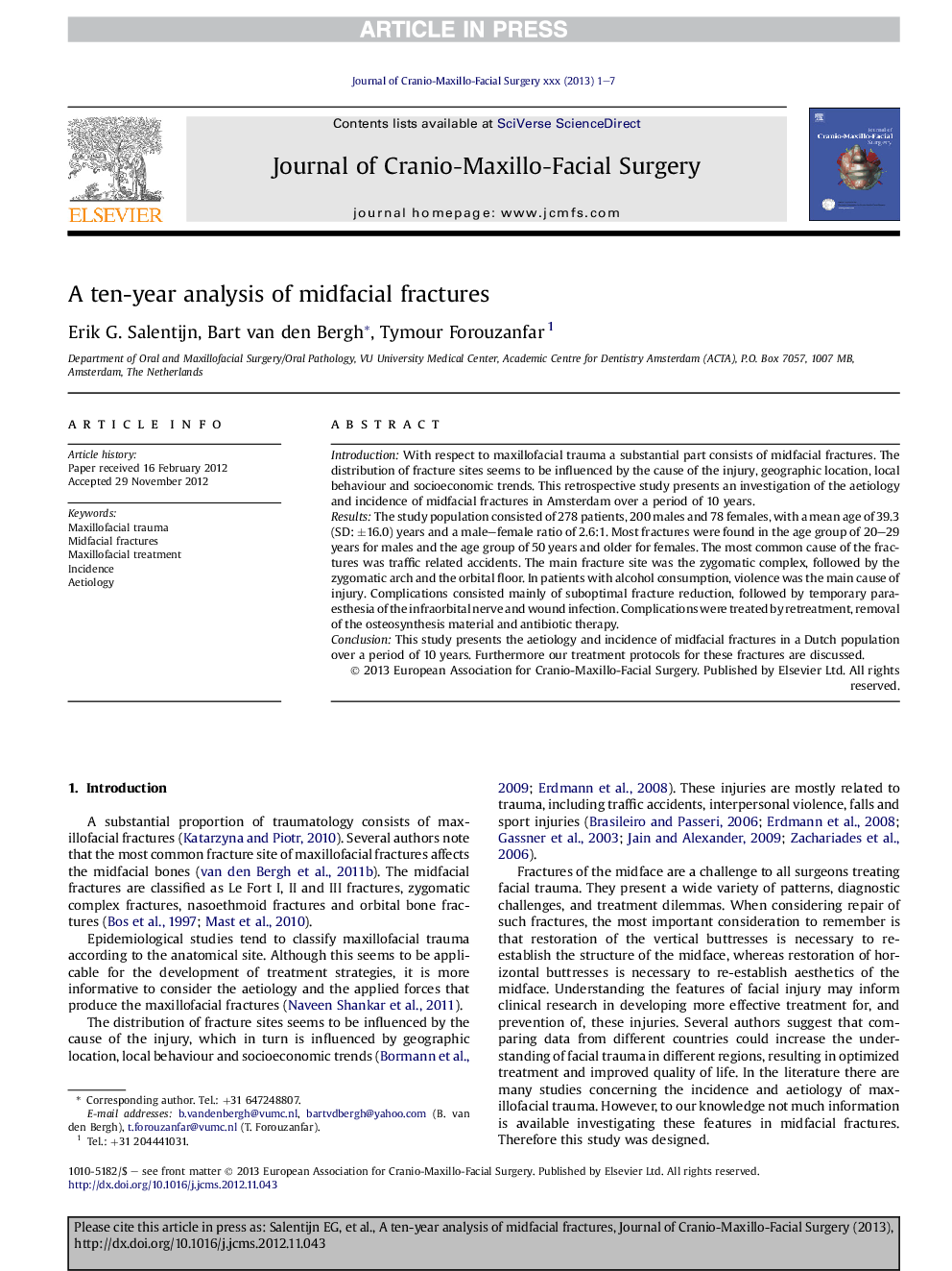 A ten-year analysis of midfacial fractures