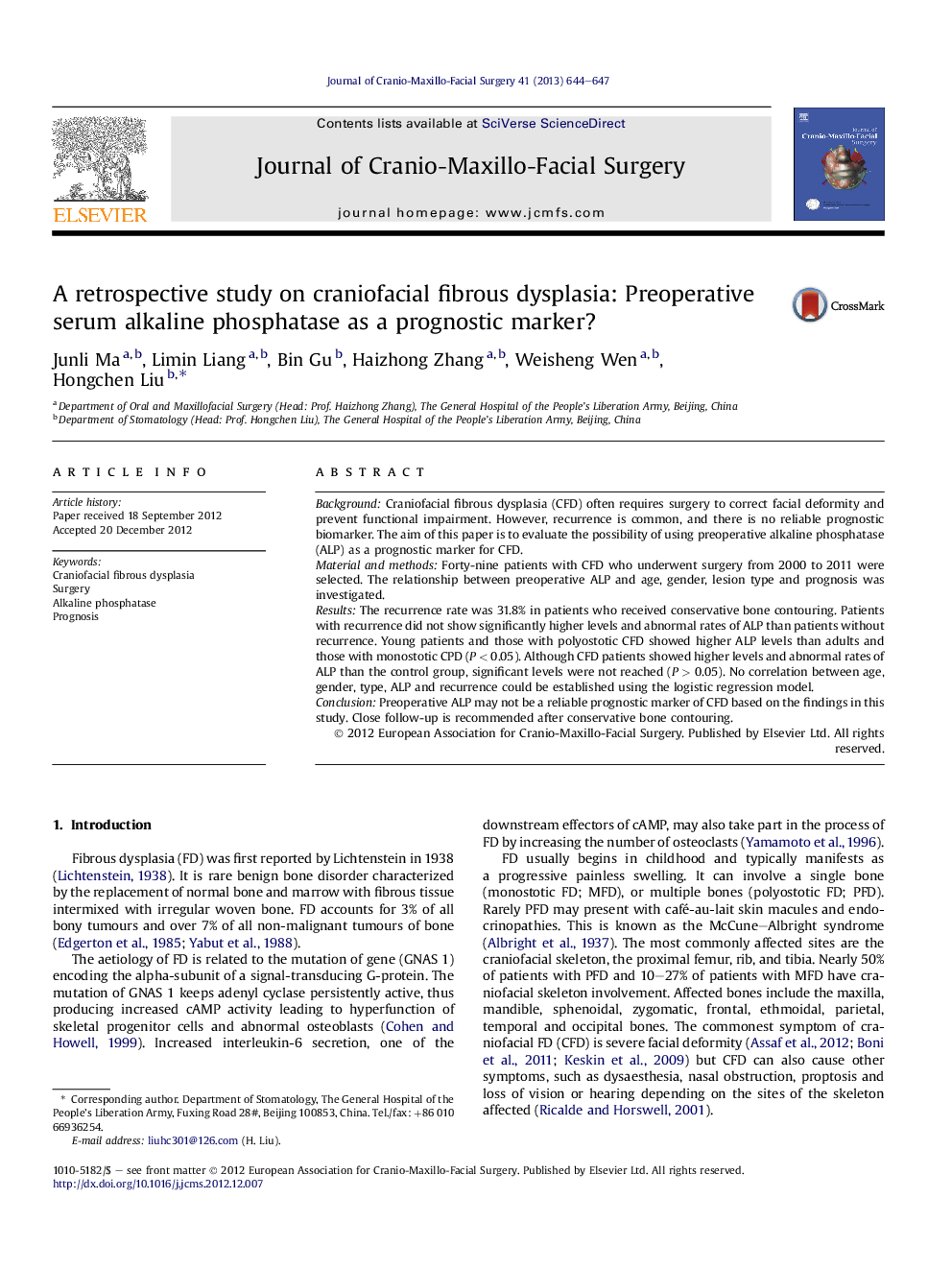 A retrospective study on craniofacial fibrous dysplasia: Preoperative serum alkaline phosphatase as a prognostic marker?