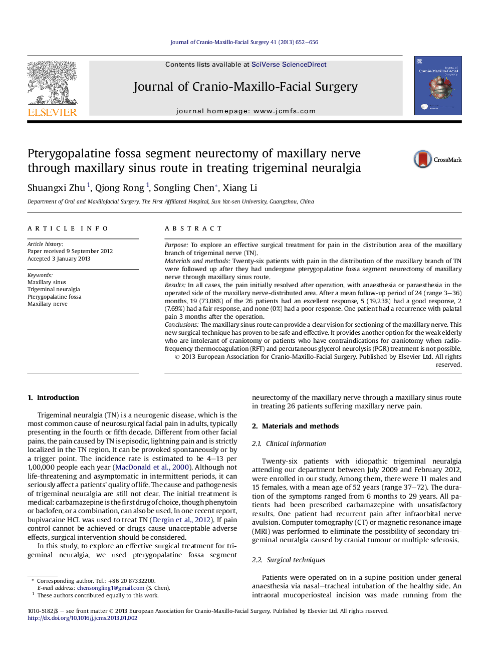 Pterygopalatine fossa segment neurectomy of maxillary nerve through maxillary sinus route in treating trigeminal neuralgia