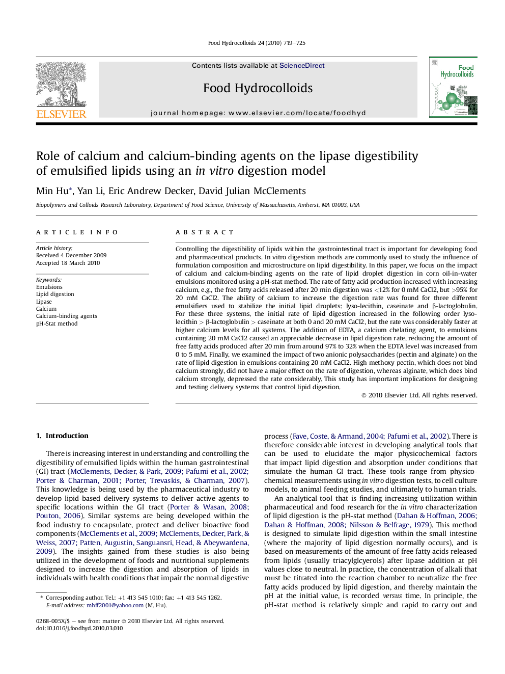 Role of calcium and calcium-binding agents on the lipase digestibility of emulsified lipids using an in vitro digestion model