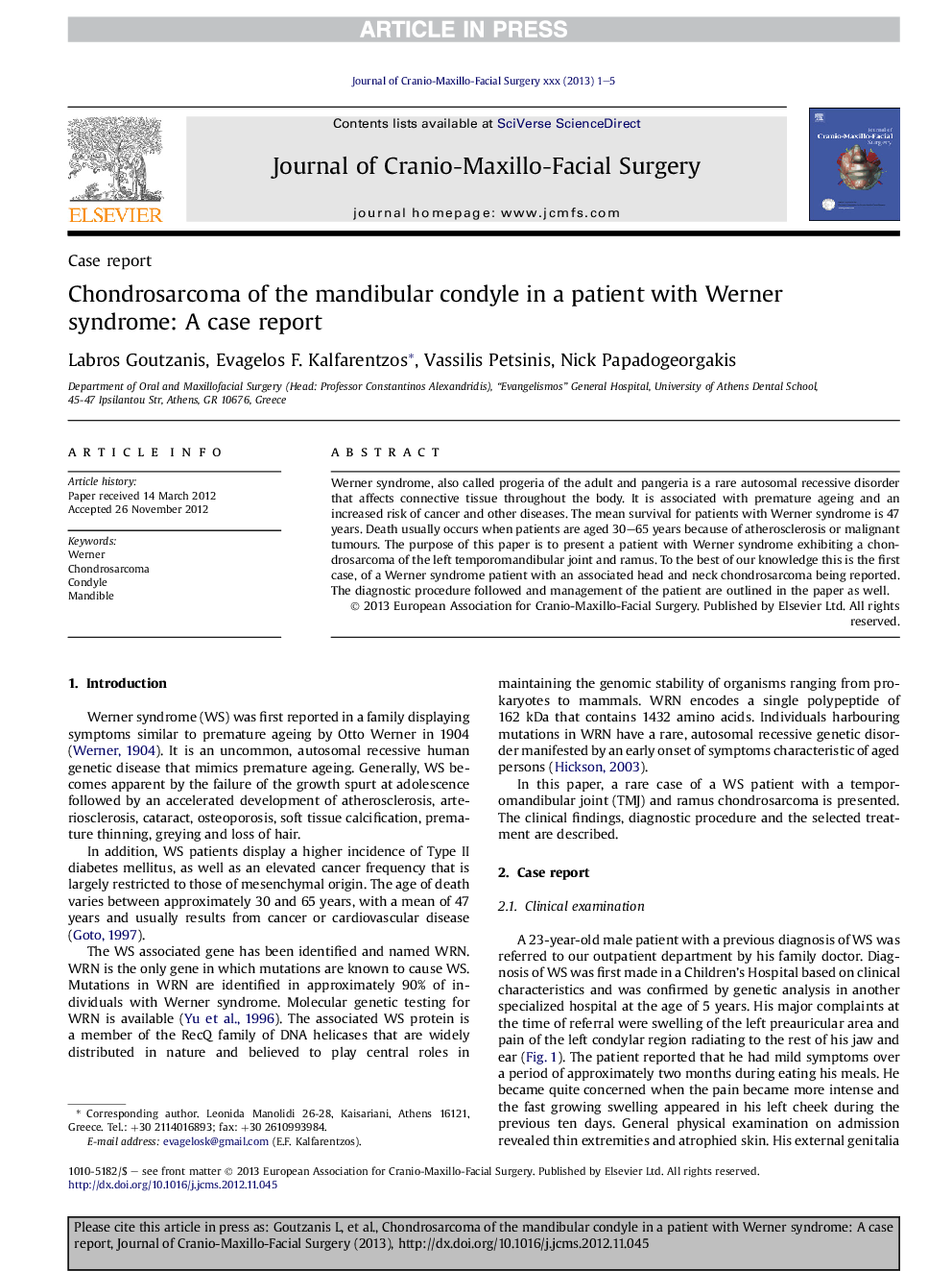 Chondrosarcoma of the mandibular condyle in a patient with Werner syndrome: A case report