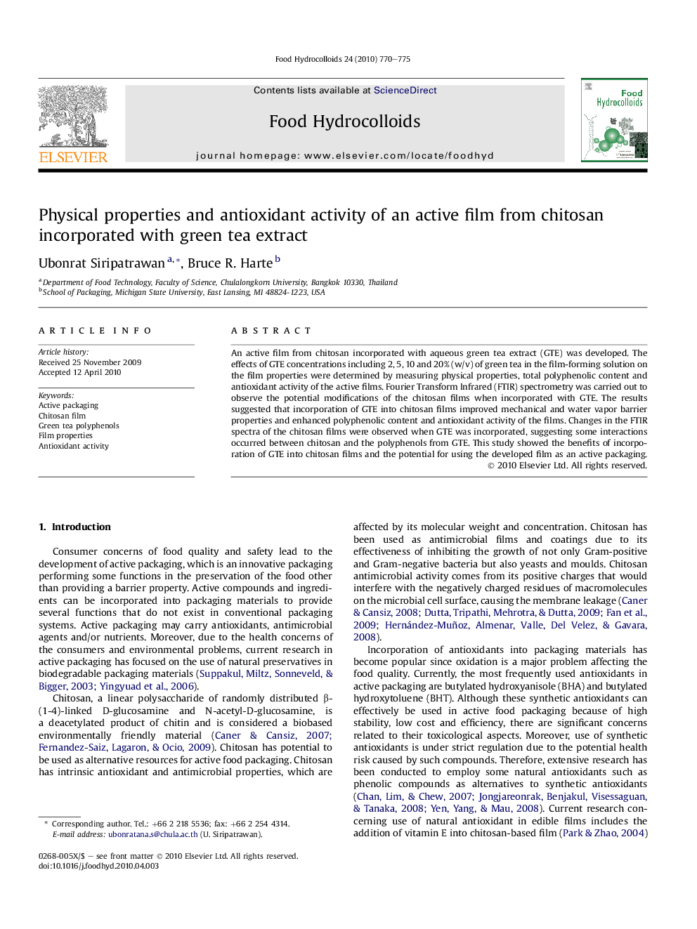 Physical properties and antioxidant activity of an active film from chitosan incorporated with green tea extract