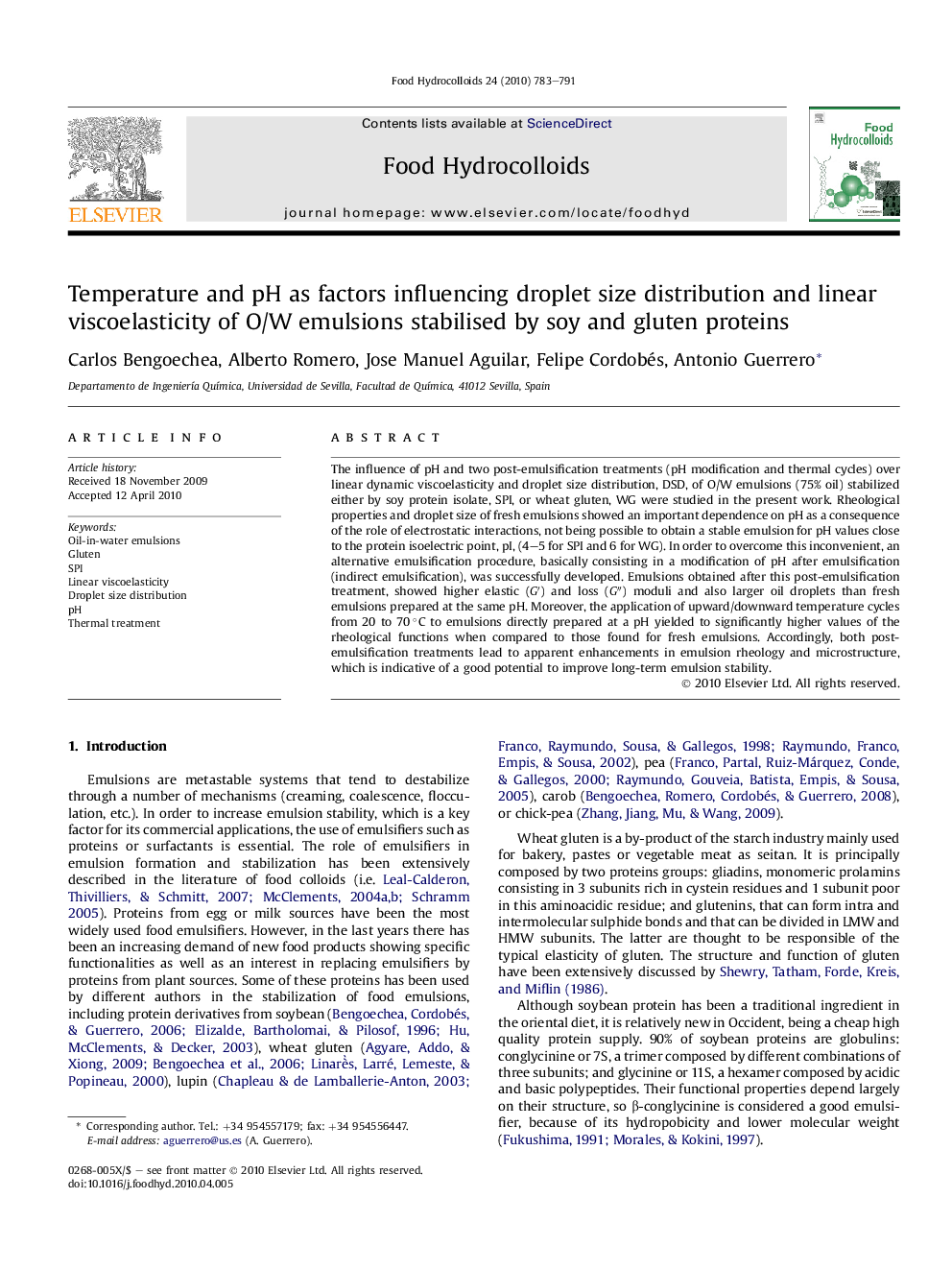 Temperature and pH as factors influencing droplet size distribution and linear viscoelasticity of O/W emulsions stabilised by soy and gluten proteins