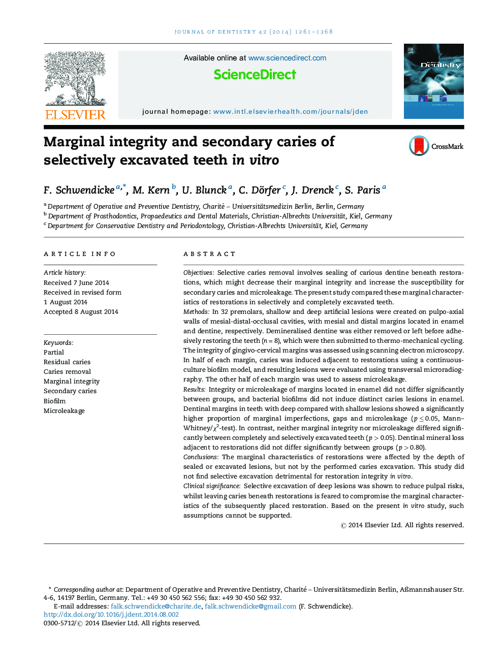 Marginal integrity and secondary caries of selectively excavated teeth in vitro