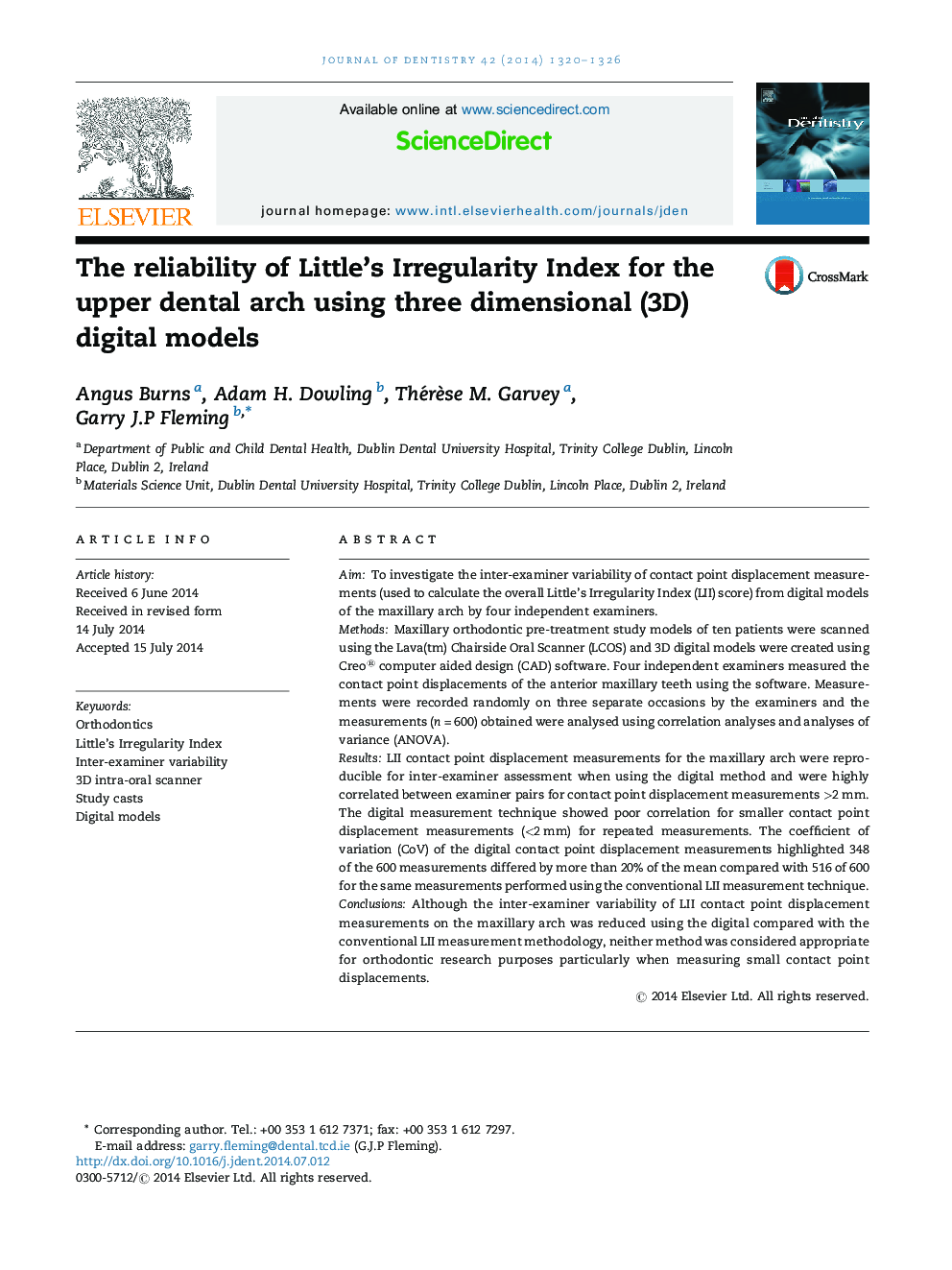 The reliability of Little's Irregularity Index for the upper dental arch using three dimensional (3D) digital models