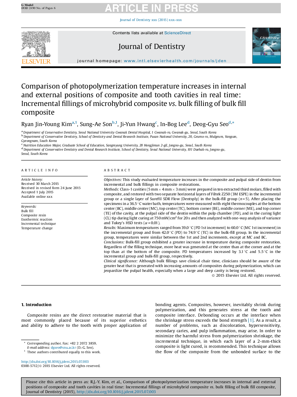 Comparison of photopolymerization temperature increases in internal and external positions of composite and tooth cavities in real time: Incremental fillings of microhybrid composite vs. bulk filling of bulk fill composite