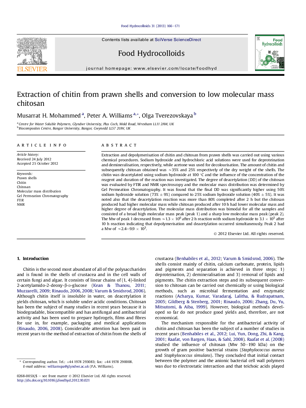 Extraction of chitin from prawn shells and conversion to low molecular mass chitosan